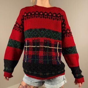 Vintage 100% Wool Christmas Sweater –‎ Hand Knit Red/Green Plaid (M)